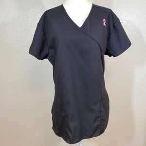 Green Town Black Mock Wrap Breast Cancer Scrub Top